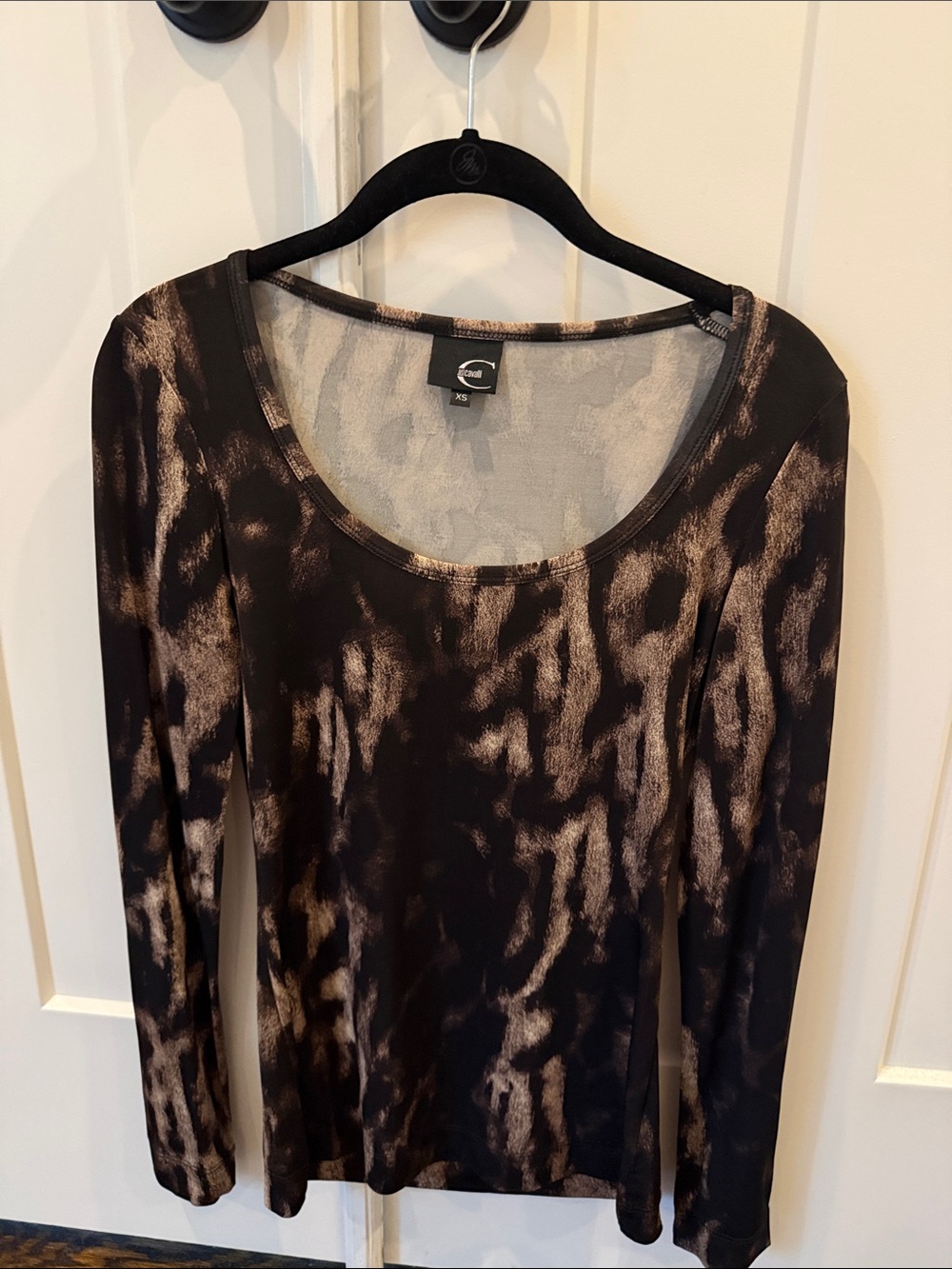 Just Cavalli Black and Brown Abstract Long Sleeve Scoop Neck Top
